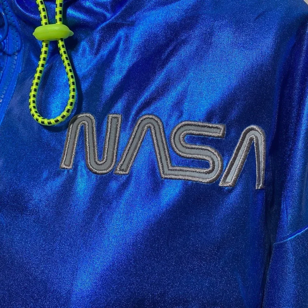 FOREVER 21 NASA Reflective Windbreaker Blue Metallic Hooded Jacket Size M - Picture 4 of 8